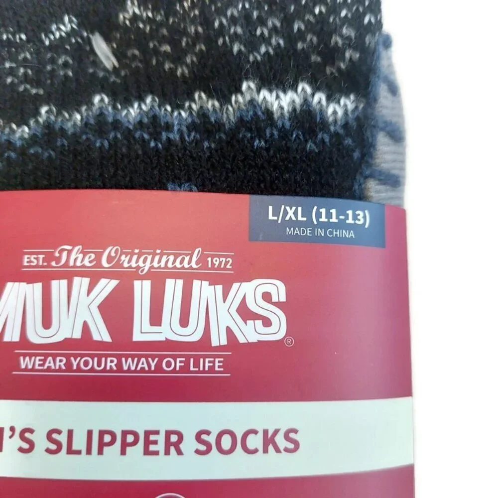 MUK LUKS Mens Slipper Socks Size L/XL Size 11/13 Black Blue Warm Comfortable RT